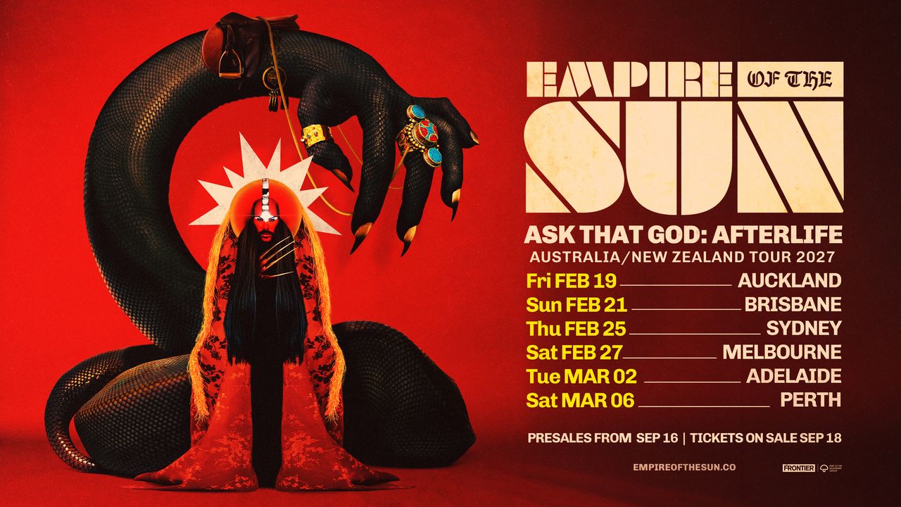 Empire of the Sun Ask That God: Afterlife 2027 tour poster featuring surreal artwork and dates for Auckland, Australia, and New Zealand shows.